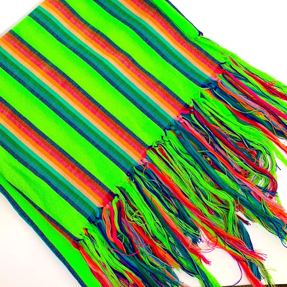 Bright Green Striped Extra Long Fringed Runner | Table Cover | Hippie Boho Decor